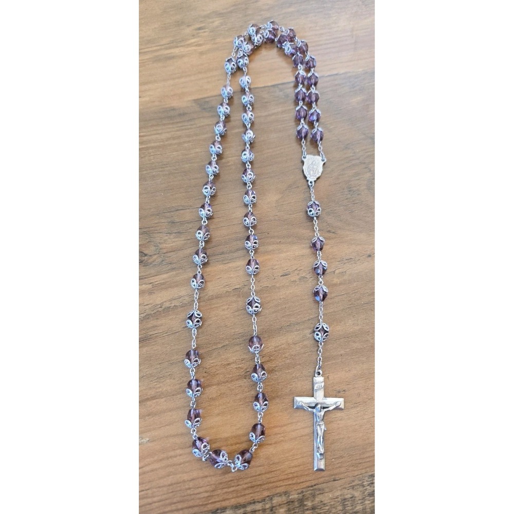VTG Rosary with Purple Faceted Capped Glass Beads Silver Tone Cross Catholic